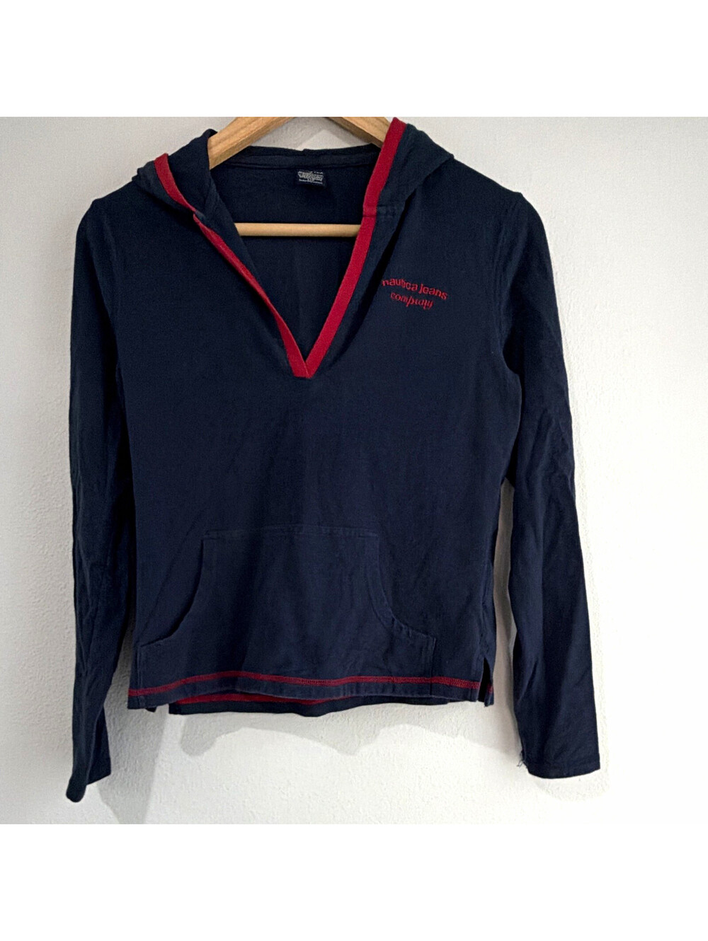 Vintage Y2K Nautica Jeans Company Women’s Navy Hoodie Red Trim Logo Pockets S/P